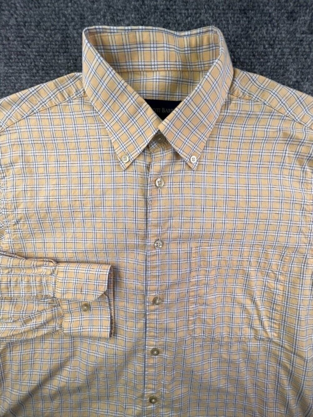 Scott Barber Medium Cotton Button Up Shirt Yellow White Plaid Adult Long Sleeve
